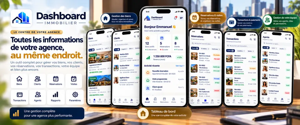 Application Dashboard Immobilier : tableau de bord, biens, clients, réservations, transactions et agents