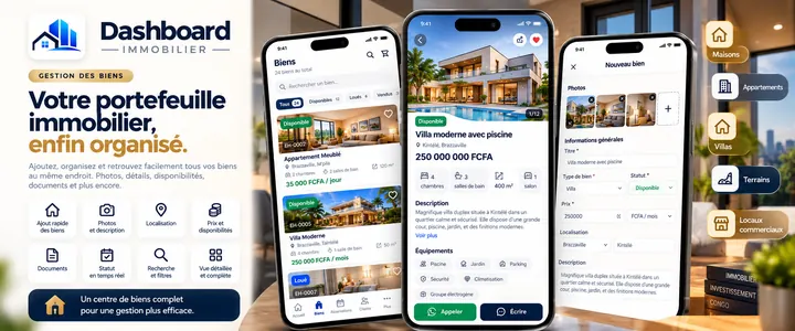 Application Dashboard Immobilier : gestion des biens : photos, prix, localisation, documents et disponibilité
