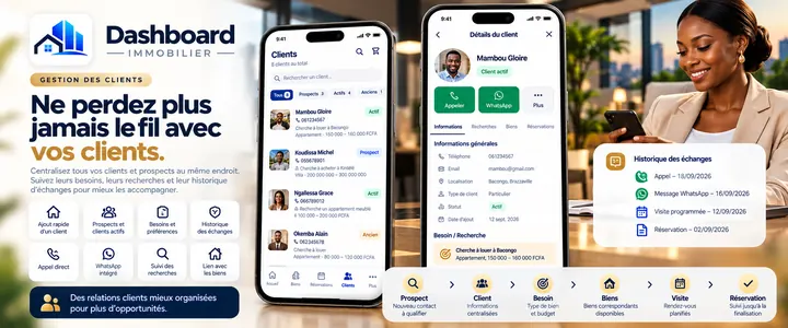 Application Dashboard Immobilier : gestion des clients et prospects, besoins et historique des échanges
