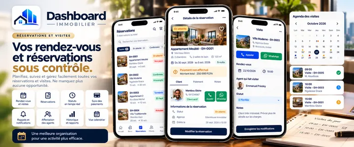 Application Dashboard Immobilier : réservations, agenda des visites, statuts et paiements